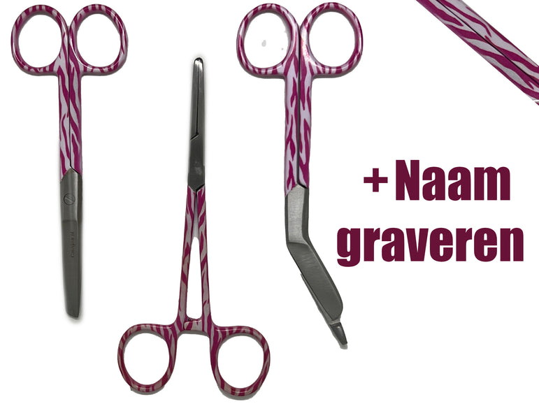 3 delig scharen set verpleegkundige Rose Zebra (+ naam graveren) - Caregear.nl Zorg scharen verpleegkundigen