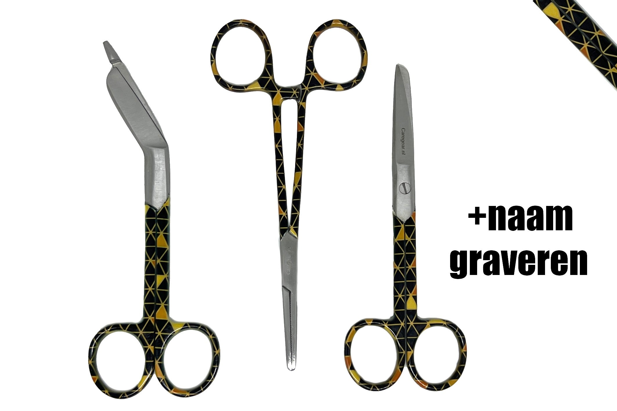 3-delige verpleegkundige scharenset – zwart/bruin met driehoekjes | Medische scharen RVS + naam graveren - Caregear.nl Zorg scharen verpleegkundigen