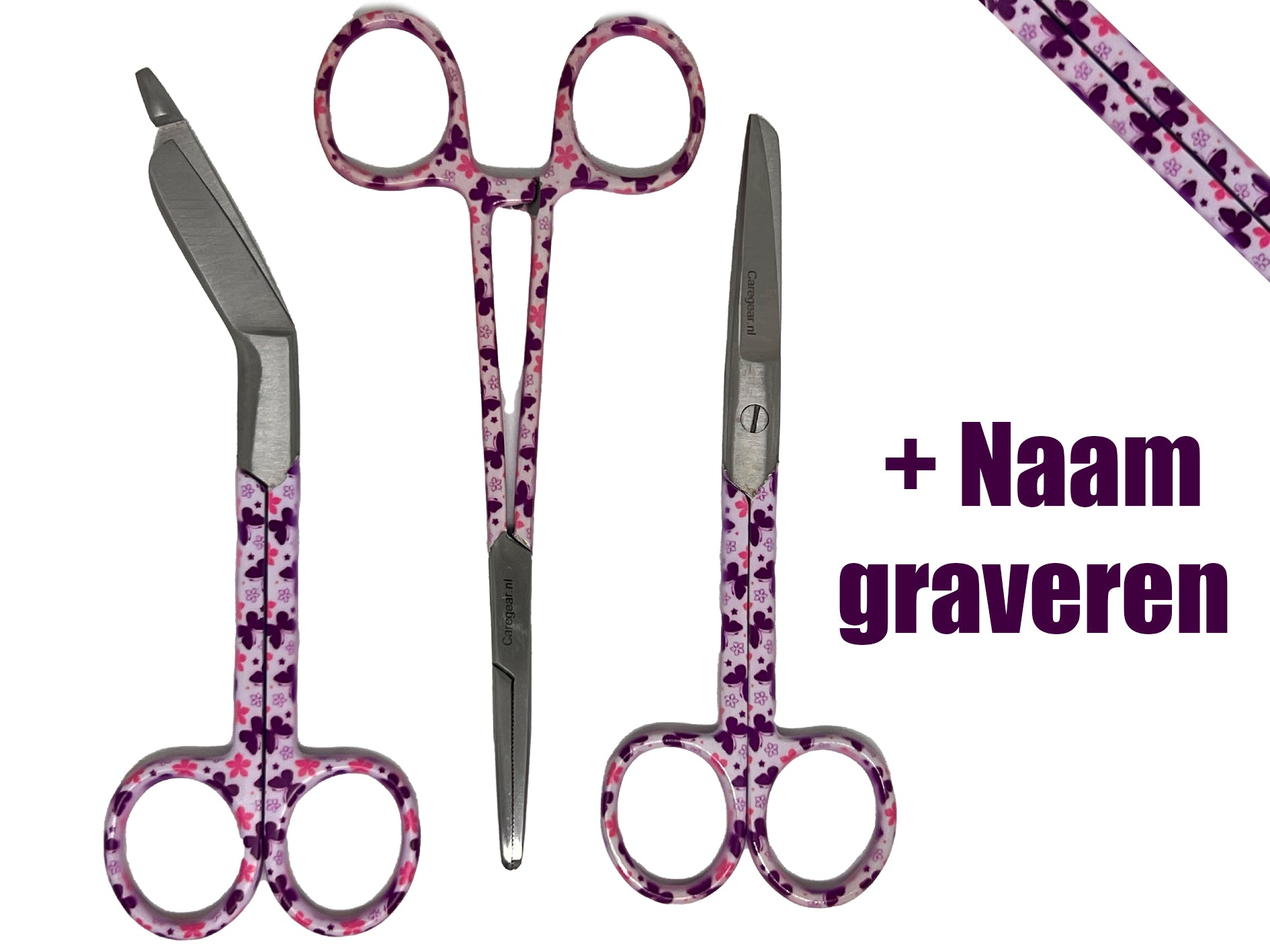3-delige verpleegkundige scharenset in het paars met vlinders – medische scharen van RVS met naamgravering - Caregear.nl Zorg scharen verpleegkundigen