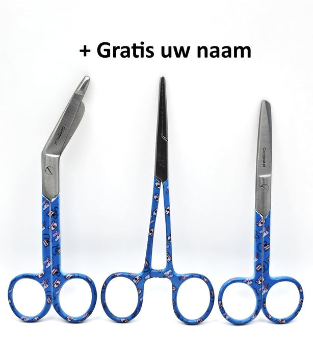 3-delige verpleegkundige scharenset blauw met hoedjes en handschoenen – gratis naamgravering - Caregear.nl Zorg scharen verpleegkundigen