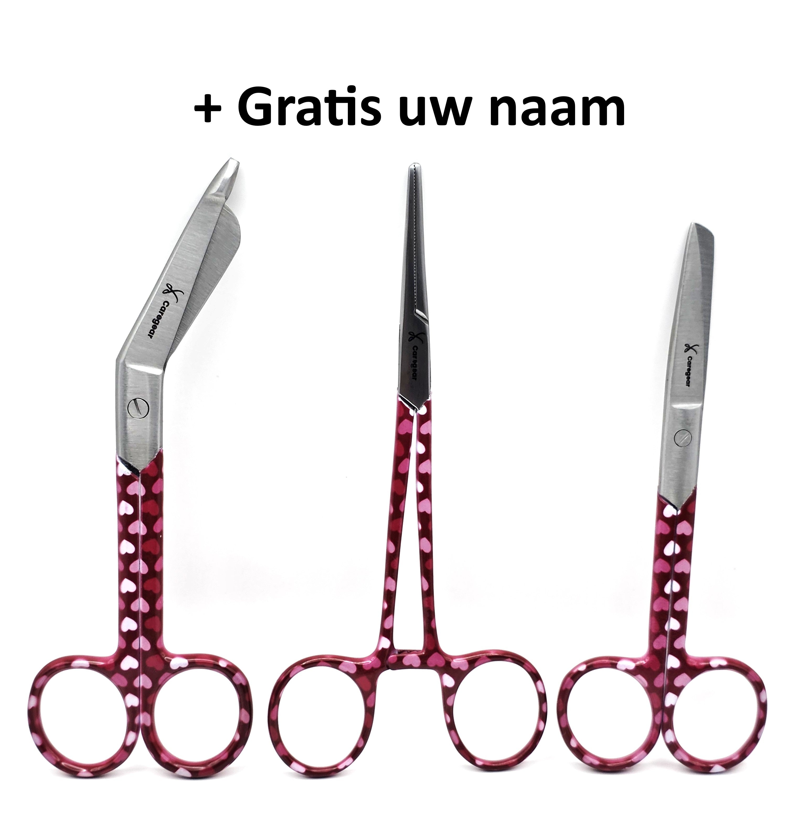 3 delig paarse set scharen met  roze hartjes, verpleegkundige  (+ naam graveren) - Caregear.nl Zorg scharen verpleegkundigen