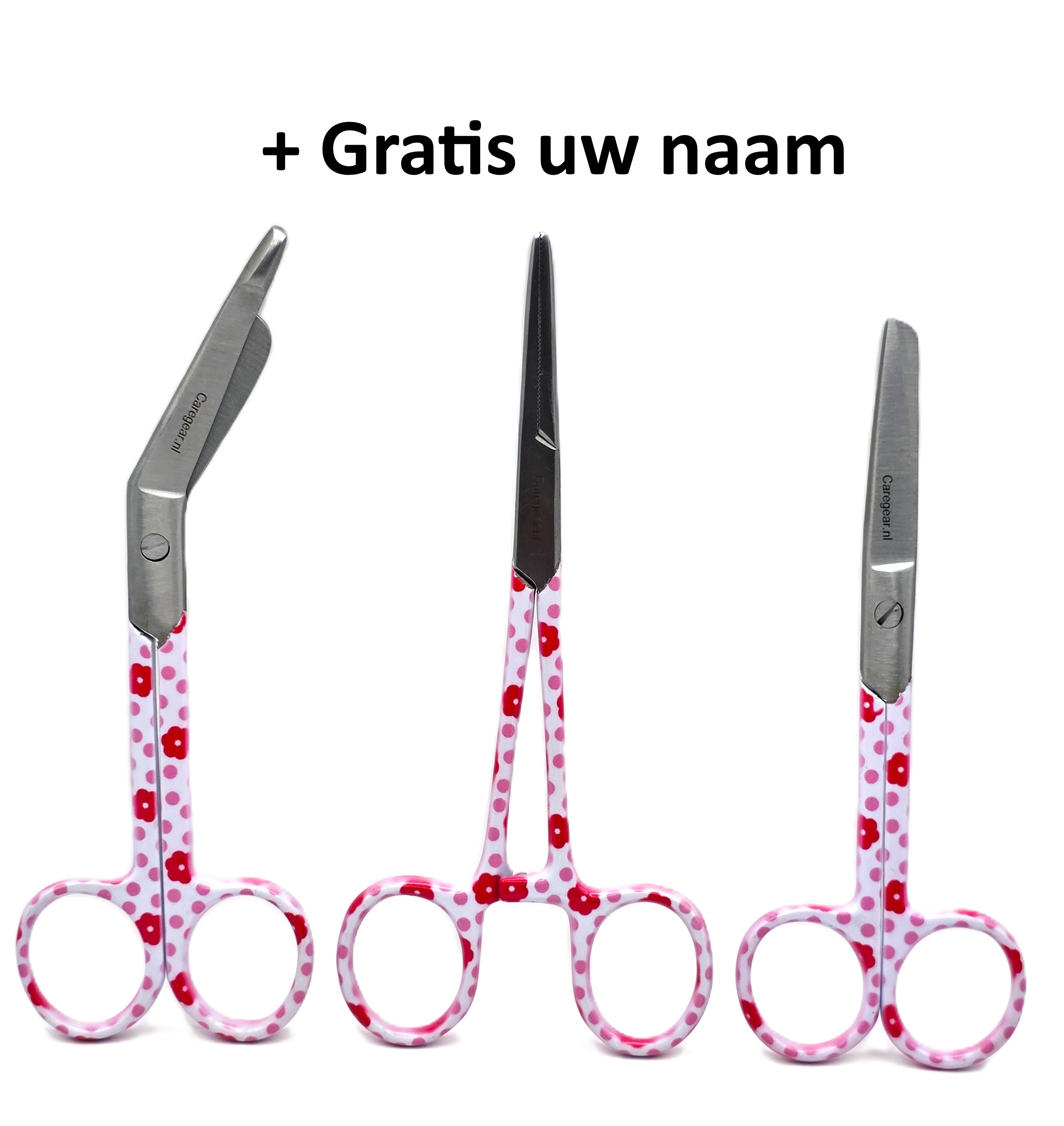 3 delig Rosé set met bloemen, scharen set verpleegkundige  (+ naam graveren) - Caregear.nl Zorg scharen verpleegkundigen