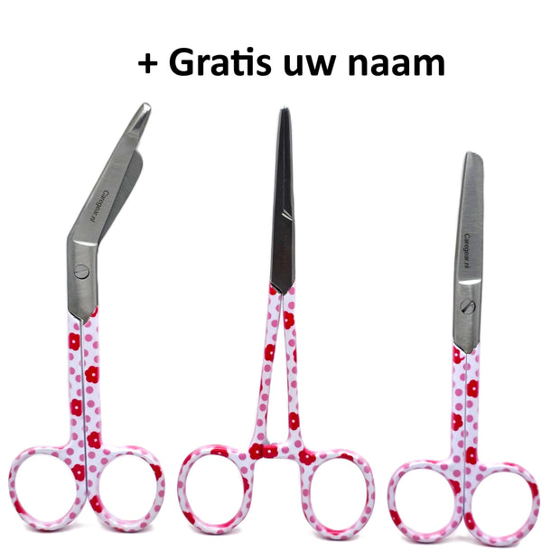 3 delig Rosé set met bloemen, scharen set verpleegkundige  (+ naam graveren) - Caregear.nl Zorg scharen verpleegkundigen