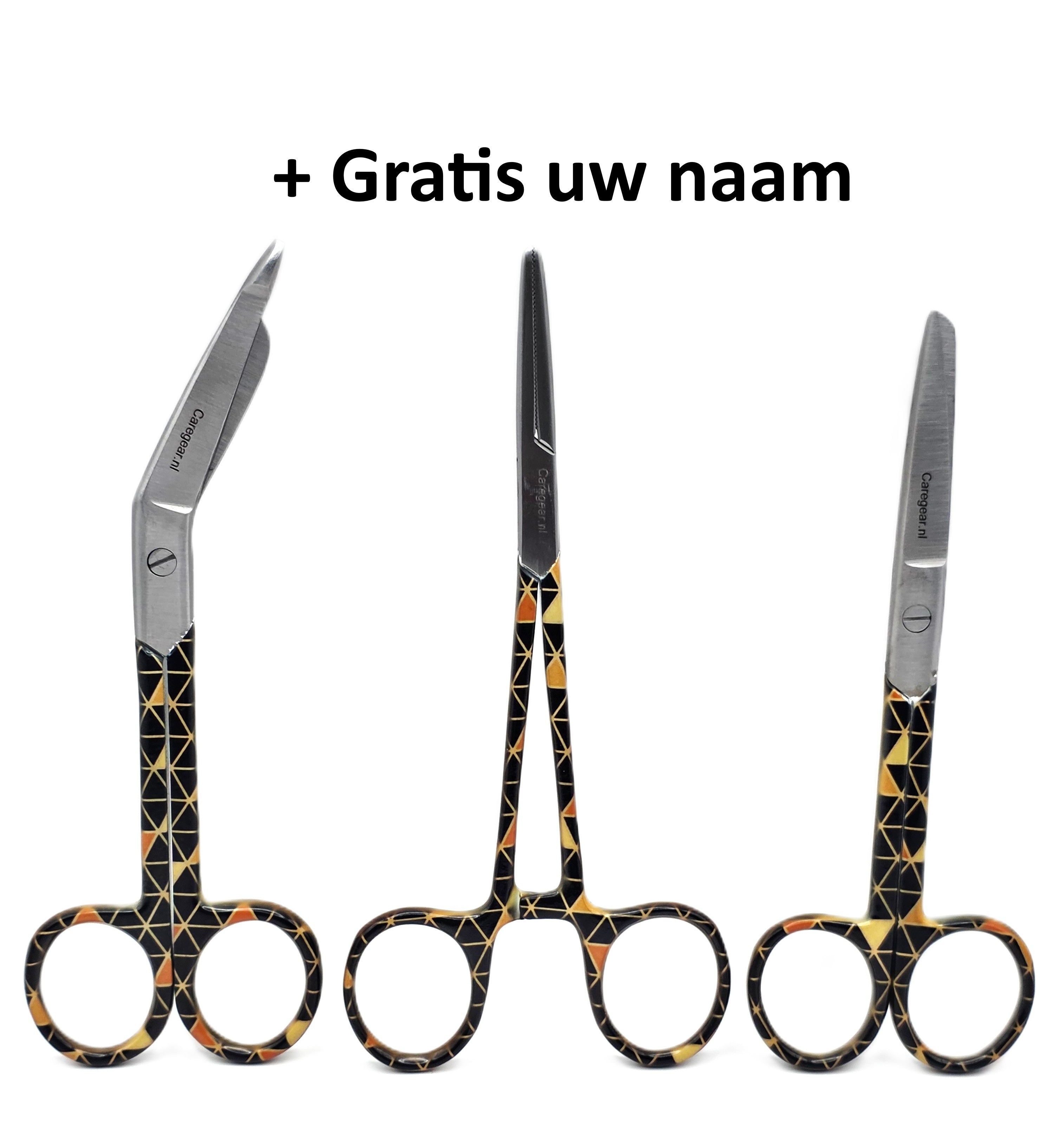 3-delige verpleegkundige scharenset – zwart/bruin met driehoekjes | Medische scharen RVS + naam graveren - Caregear.nl Zorg scharen verpleegkundigen