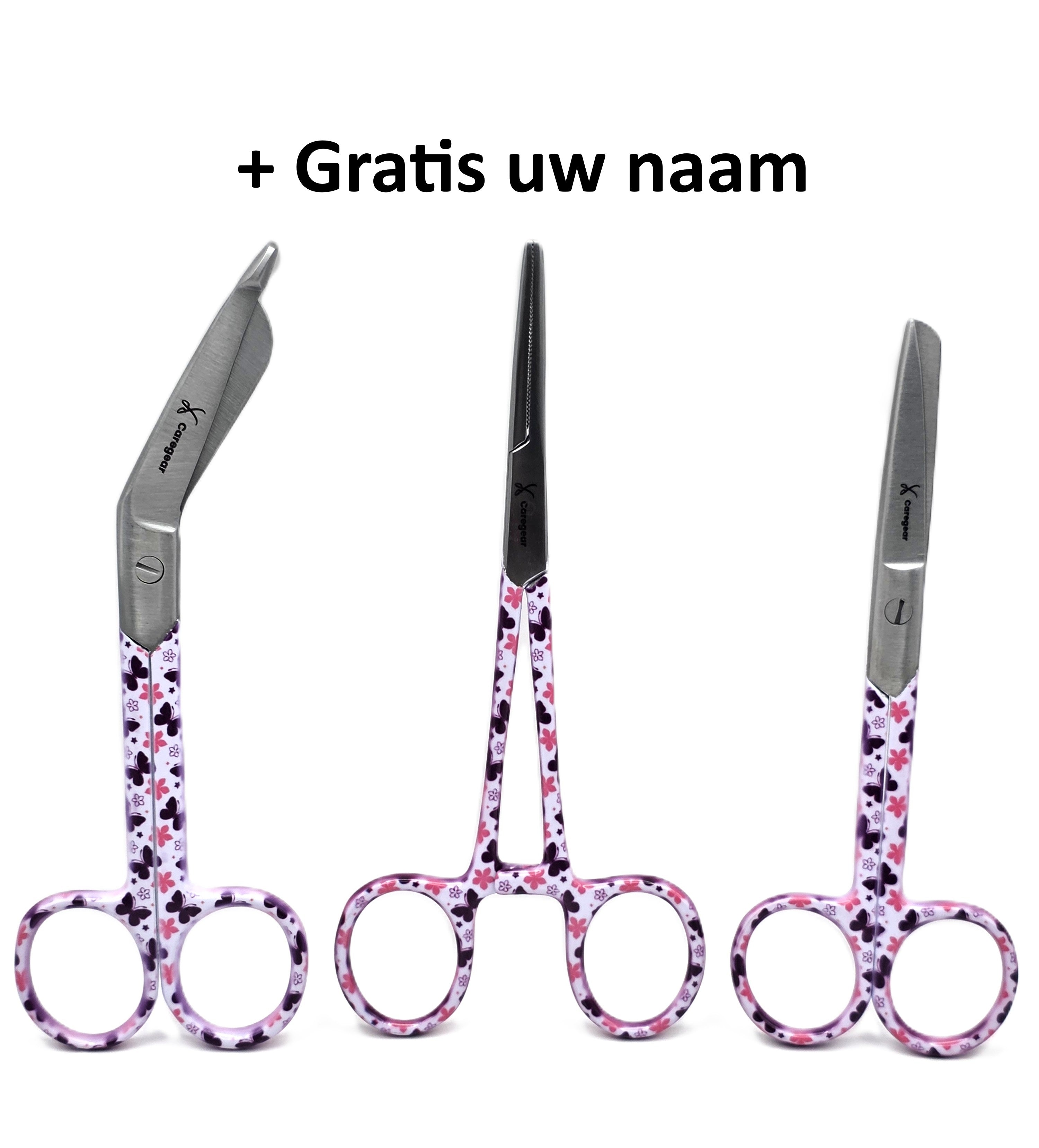 3-delige verpleegkundige scharenset in het paars met vlinders – medische scharen van RVS met naamgravering - Caregear.nl Zorg scharen verpleegkundigen