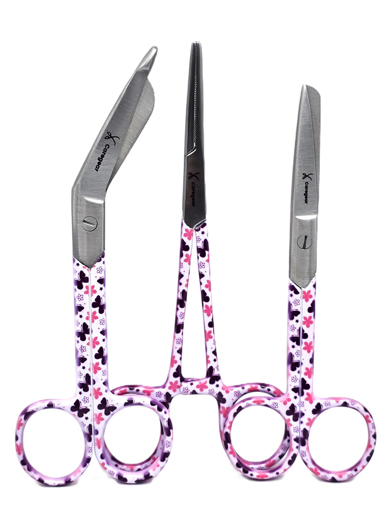 3-delige verpleegkundige scharenset in het paars met vlinders – medische scharen van RVS met naamgravering - Caregear.nl Zorg scharen verpleegkundigen