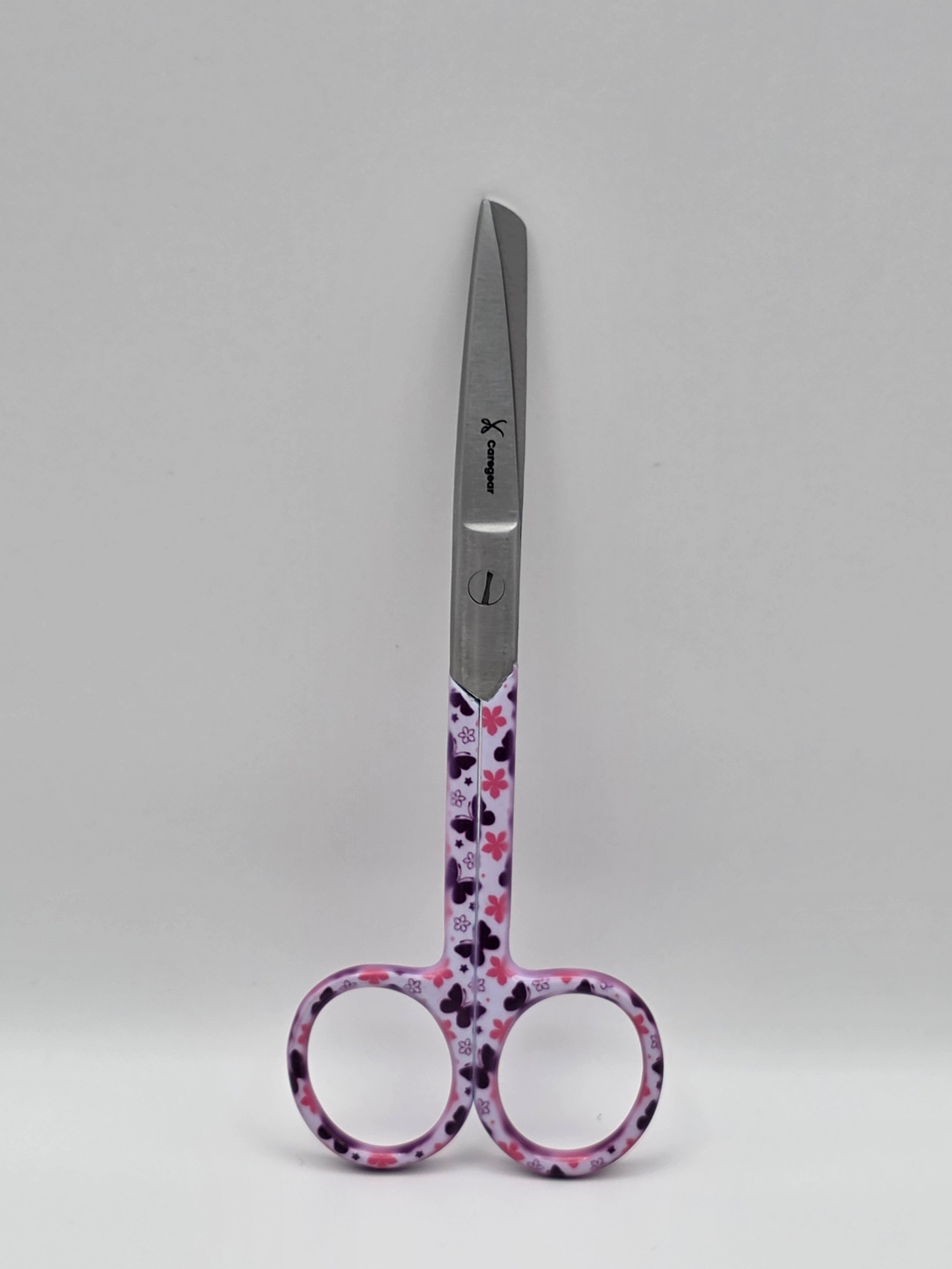 3-delige verpleegkundige scharenset in het paars met vlinders – medische scharen van RVS met naamgravering - Caregear.nl Zorg scharen verpleegkundigen