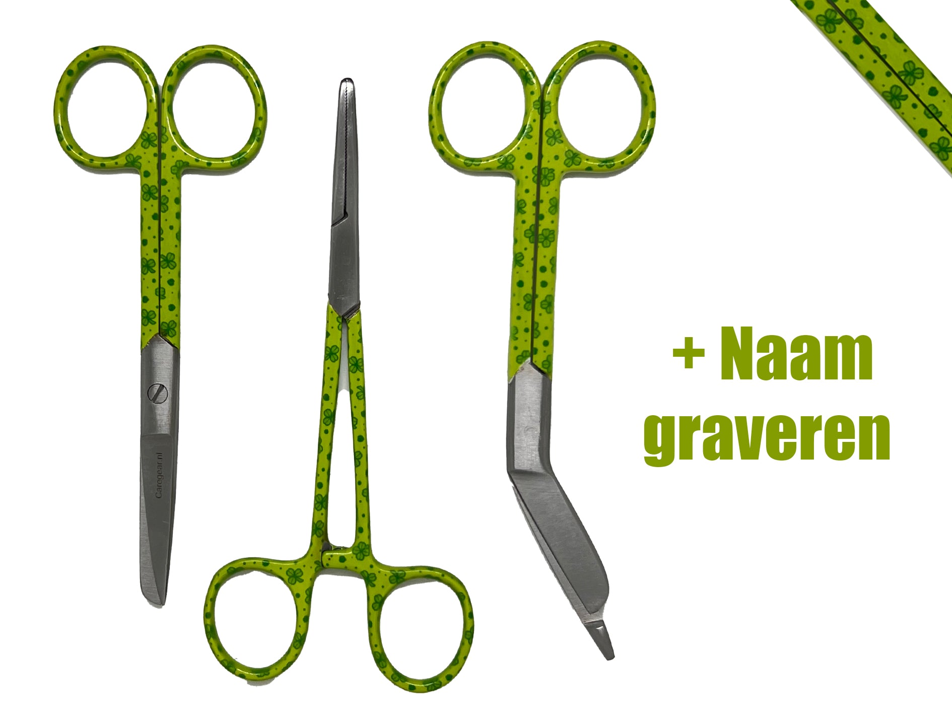 3 delig scharen set verpleegkundige Green Leprechaun  (+ naam graveren) - Caregear.nl Zorg scharen verpleegkundigen