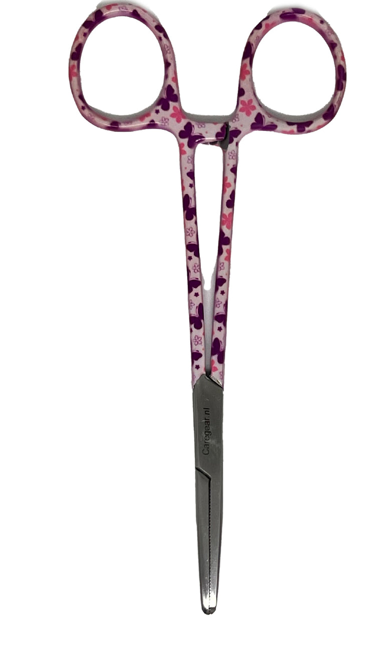 3-delige verpleegkundige scharenset in het paars met vlinders – medische scharen van RVS met naamgravering - Caregear.nl Zorg scharen verpleegkundigen