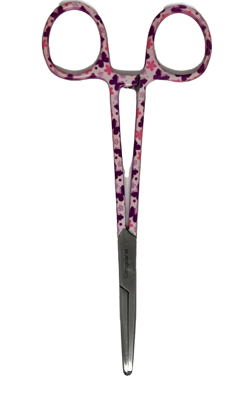 3-delige verpleegkundige scharenset in het paars met vlinders – medische scharen van RVS met naamgravering - Caregear.nl Zorg scharen verpleegkundigen
