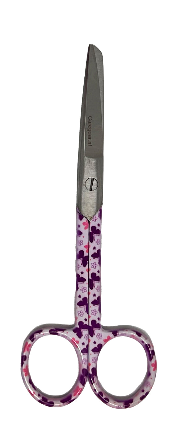 3-delige verpleegkundige scharenset in het paars met vlinders – medische scharen van RVS met naamgravering - Caregear.nl Zorg scharen verpleegkundigen
