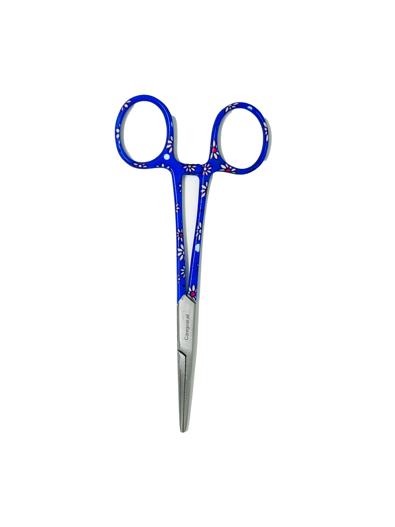 3 delig zorg scharen set verpleegkundige Blauw met witte bloemen - Personaliseer met naam graveren - Caregear.nl Zorg scharen verpleegkundigen