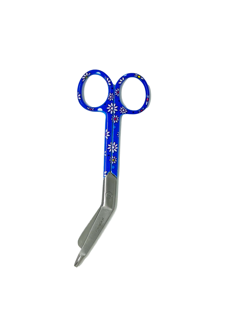 3 delig zorg scharen set verpleegkundige Blauw met witte bloemen - Personaliseer met naam graveren - Caregear.nl Zorg scharen verpleegkundigen