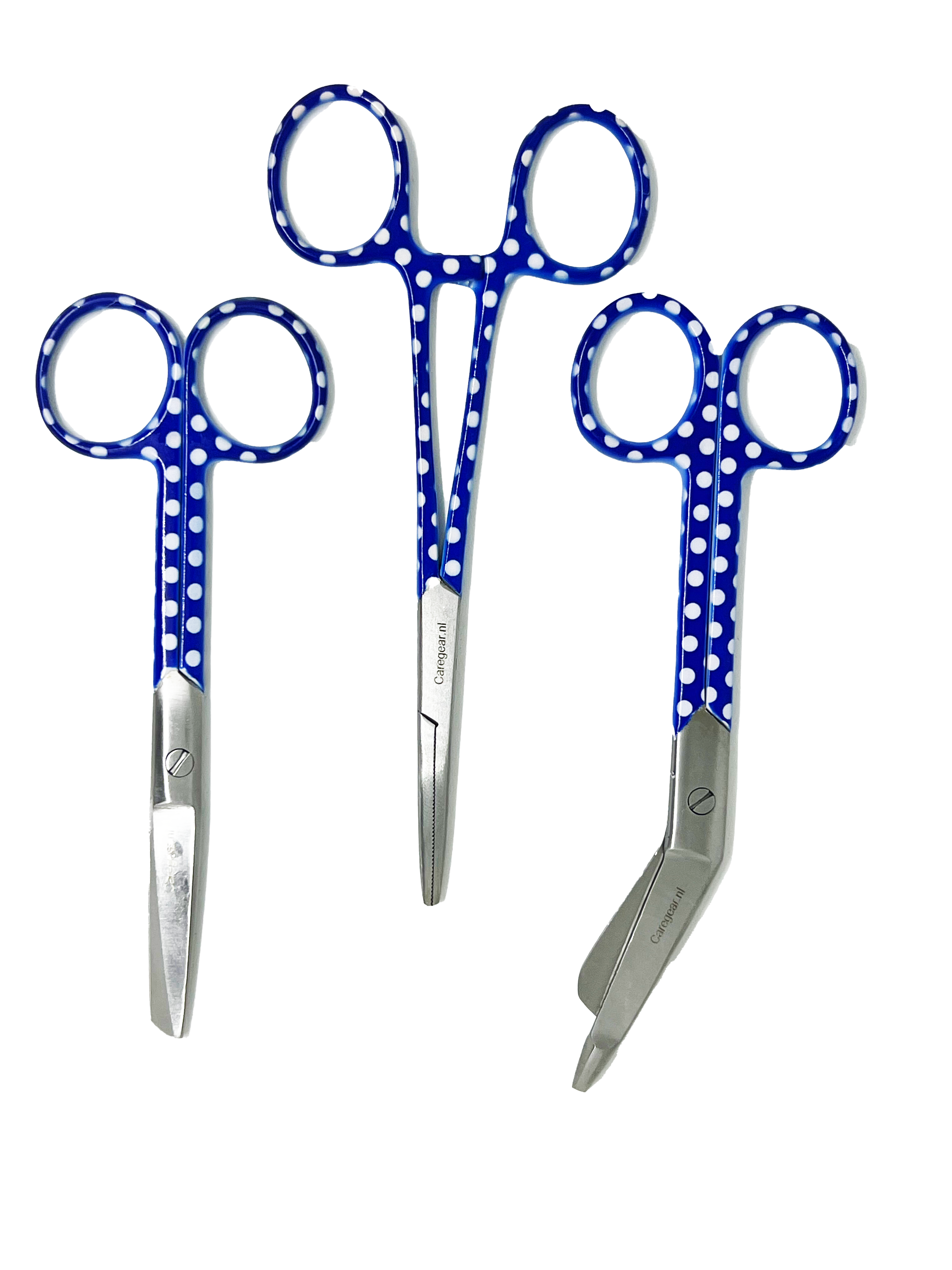 3 delig scharen set verpleegkundige Blauw met witte stippen (naam graveren) - Caregear.nl Zorg scharen verpleegkundigen