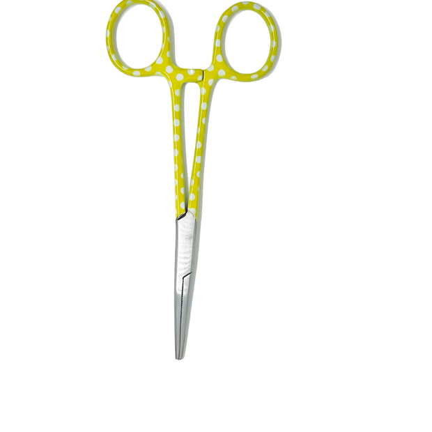 3 delig scharen set verpleegkundige Geel met witte stippen (naam graveren) - Caregear.nl Zorg scharen verpleegkundigen