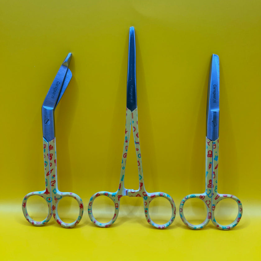 Gele set met zorg iconen - Caregear.nl Zorg scharen verpleegkundigen