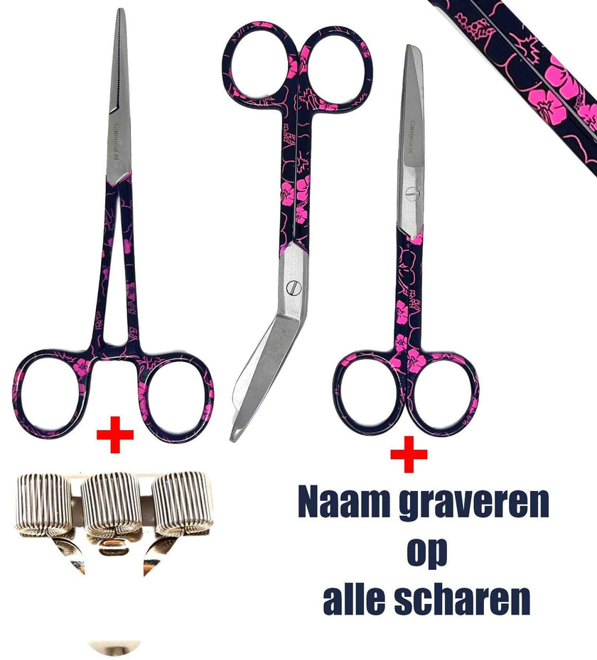 3 delig zorg scharen set verpleegkundige bloemen/zwart - Caregear.nl Zorg scharen verpleegkundigen