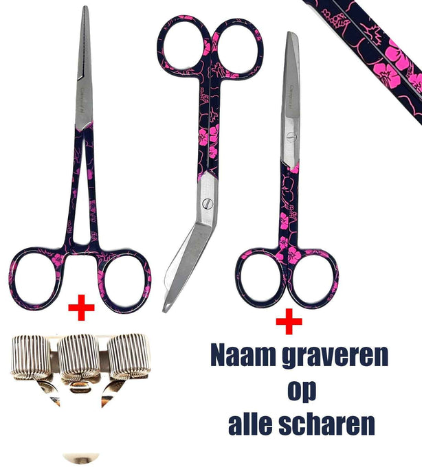 3 delig zorg scharen set verpleegkundige bloemen/zwart - Caregear.nl Zorg scharen verpleegkundigen