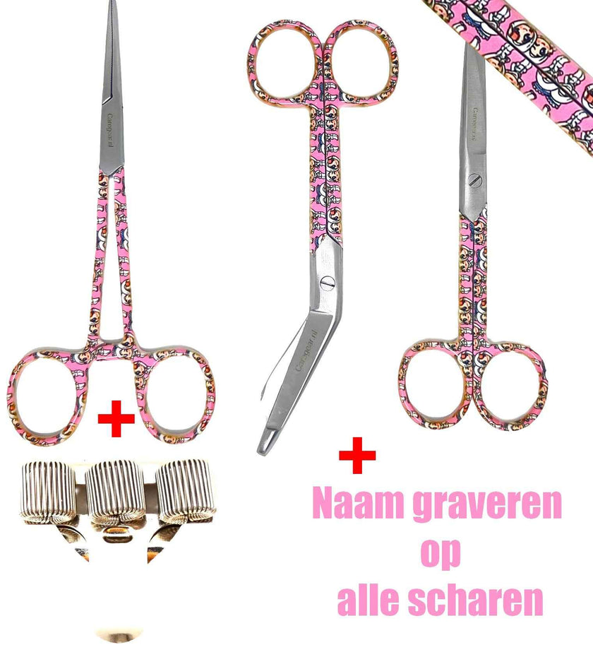 3 delig scharen set verpleegkundige Rose met zorgmedewerkers als print - Caregear.nl Zorg scharen verpleegkundigen