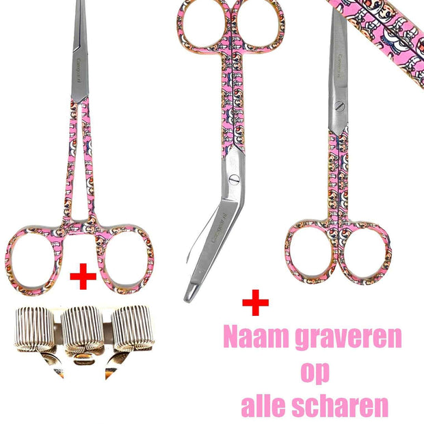 3 delig scharen set verpleegkundige Rose met zorgmedewerkers als print - Caregear.nl Zorg scharen verpleegkundigen